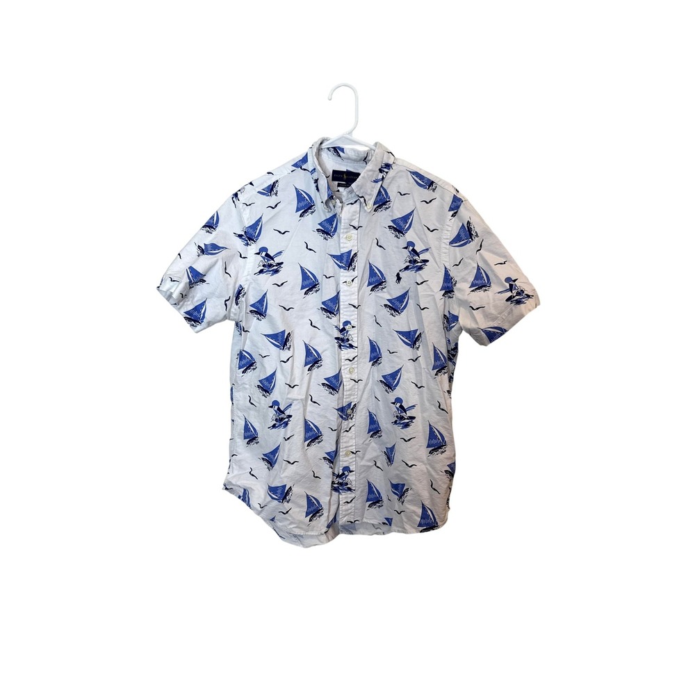 Ralph Lauren Shirt Mens Large White Sailboat Nautical Short Sleeve Button Down